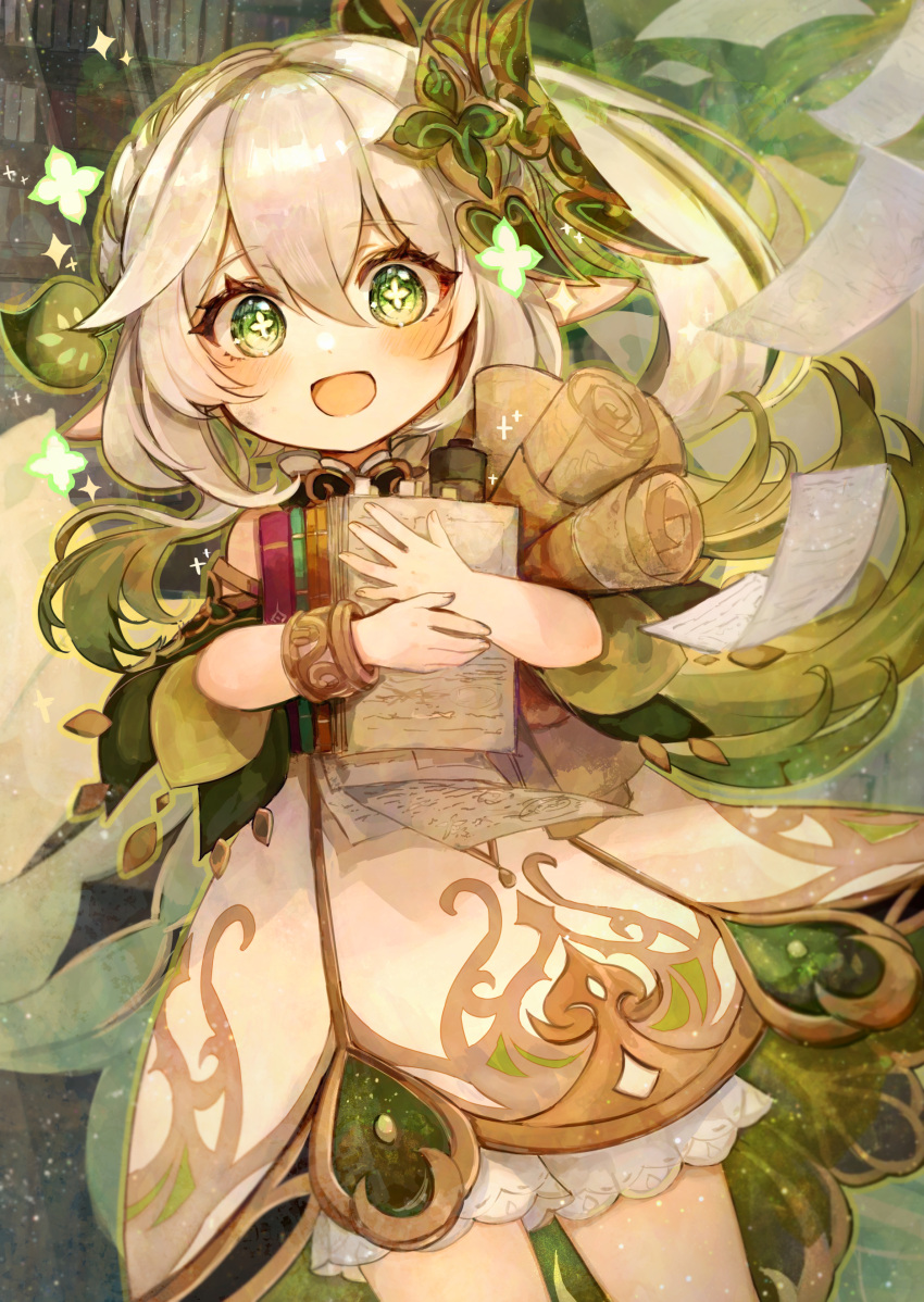 1girl, absurdres, bare_legs, bloomers, book, bracelet, cape, commentary_request, cowboy_shot, dress, excited, flower-shaped_pupils, genshin_impact, gold_trim, gradient_hair, green_cape, green_eyes, green_hair, grey_hair, hair_ornament, happy, highres, holding, holding_book, holding_map, holding_paper, indoors, jewelry, looking_at_viewer, map, multicolored_hair, nahida_(genshin_impact), paper, paper_stack, pointy_ears, ponytail, shelf, side_ponytail, solo, symbol-shaped_pupils, tgf_pic, underwear, white_bloomers, white_dress