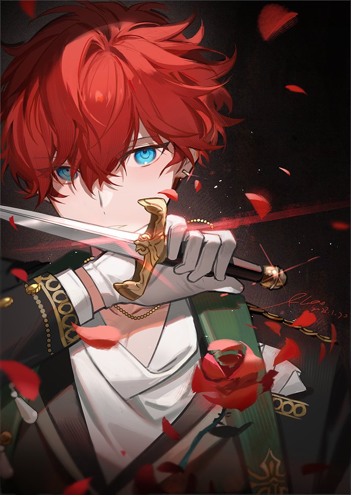 1boy, aleo, amagi_hiiro, aqua_eyes, breast_pocket, commentary, crossed_bangs, dagger, earrings, ensemble_stars!, fair_waltz_(ensemble_stars!), flower, gloves, hair_between_eyes, holding, holding_dagger, holding_knife, holding_weapon, hoop_earrings, jewelry, knife, long_sleeves, looking_at_viewer, male_focus, necklace, parted_lips, petals, pocket, red_flower, red_rose, redhead, rose, short_hair, single_earring, solo, symbol-only_commentary, upper_body, weapon, white_gloves