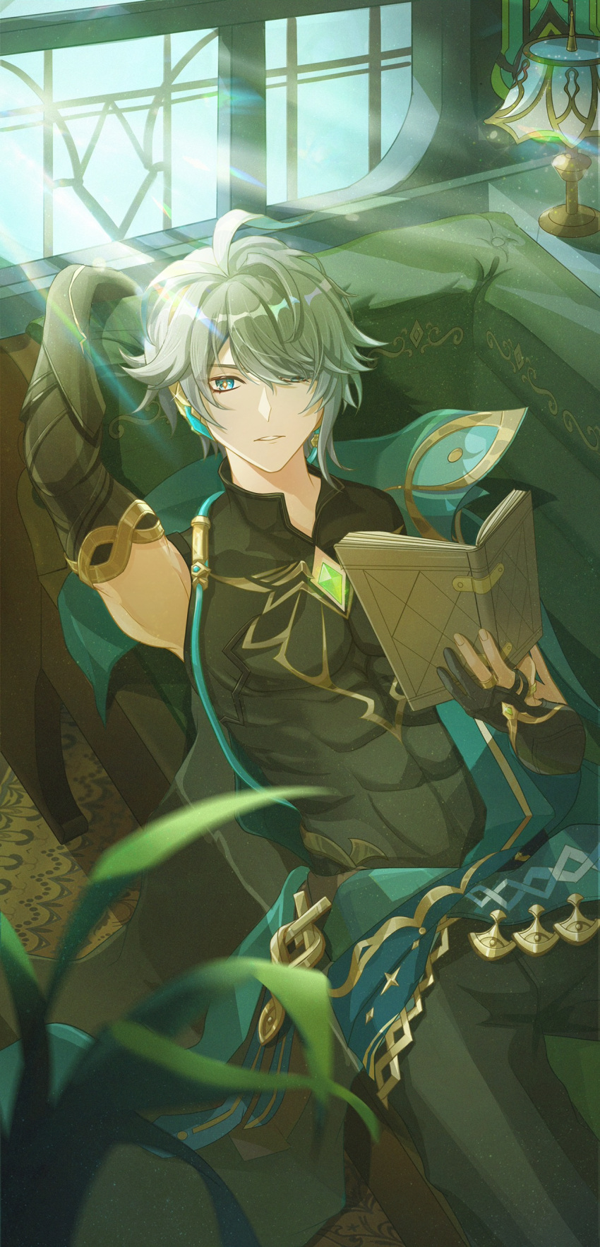 1boy, absurdres, ahoge, alhaitham_(genshin_impact), arm_up, black_gloves, black_pants, black_shirt