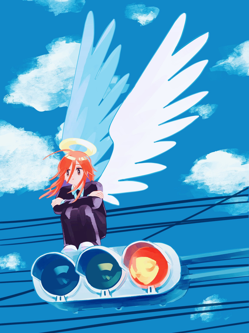 1boy, absurdres, ahoge, angel, angel_devil_(chainsaw_man), angel_wings, black_jacket, black_necktie