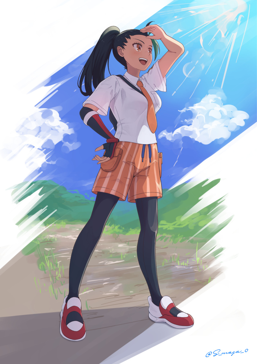1girl, :d, absurdres, arm_up, black_pantyhose, clouds, collared_shirt, day