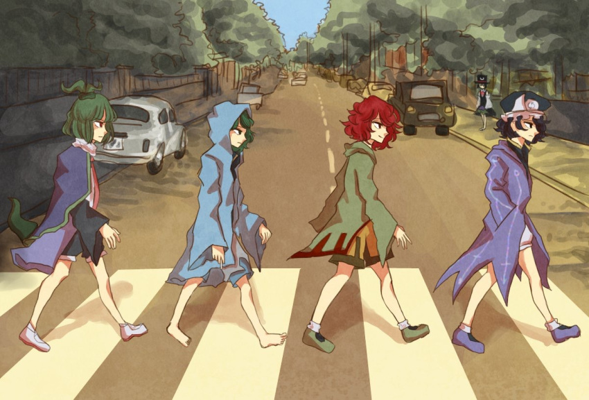 5others, abbey_road, adagumo_no_saragimaru, album_cover_redraw, arrow_print, barefoot, black_coat, black_eyes
