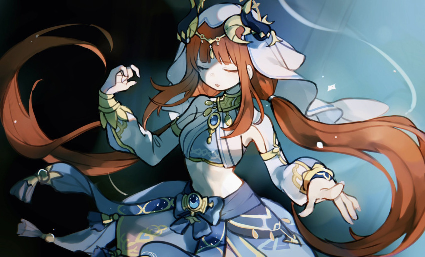 1girl, blue_gemstone, circlet, dancer, fake_horns, gem, genshin_impact, gold_trim, harem_outfit, highres, horns, jewelry, long_sleeves, moyamushroom, neck_ring, nilou_(genshin_impact), puffy_long_sleeves, puffy_sleeves, redhead, veil, white_headdress, white_veil