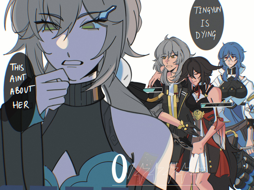4girls, anger_vein, bare_legs, bare_shoulders, black_gloves, black_jacket, breasts, brown_hair, bt79207, chinese_clothes, closed_eyes, closed_mouth, comedy, detached_sleeves, english_commentary, english_text, gameplay_mechanics, gloves, grey_hair, hand_on_own_chin, health_bar, highres, honkai:_star_rail, honkai_(series), jacket, large_breasts, long_hair, medium_hair, multiple_girls, natasha_(honkai:_star_rail), open_clothes, open_jacket, qingque_(honkai:_star_rail), red_eyes, shirt, simple_background, speech_bubble, stelle_(honkai:_star_rail), tingyun_(honkai:_star_rail), trailblazer_(honkai:_star_rail), white_background, white_shirt, yellow_eyes