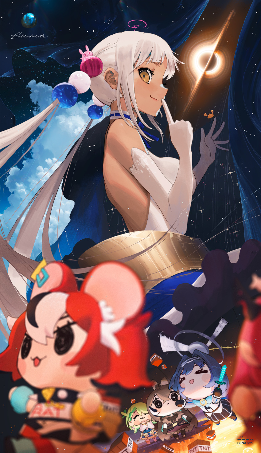 6+girls, absurdres, antlers, artist_name, barefoot, black_hole, blonde_hair, blue_bow
