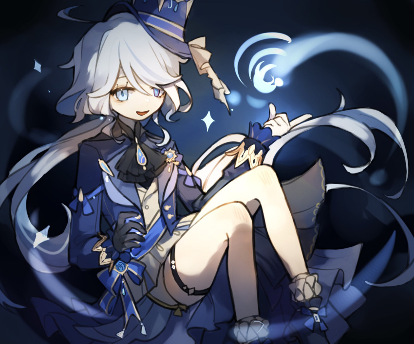 1girl, black_gloves, blue_eyes, blue_gemstone, blue_hair, blue_headwear, blue_jacket, focalors_(genshin_impact), gem, genshin_impact, gloves, hat, highres, jacket, light_blue_hair, long_sleeves, moyamushroom, top_hat, vision_(genshin_impact)