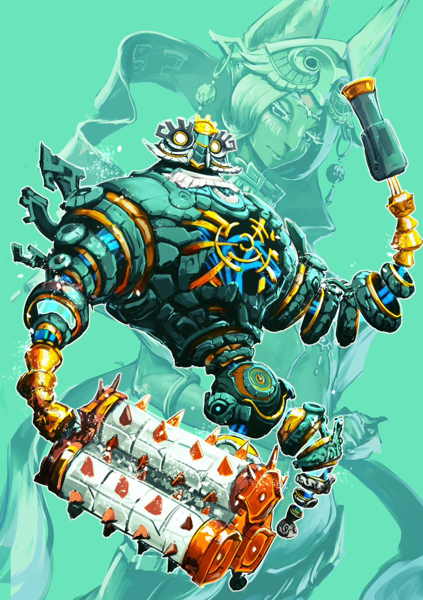 152_in_can, 1girl, absurdres, arm_cannon, club_(weapon), energy, green_background, hagoromo