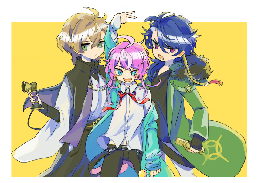 3boys, :d, amemura_ramuda, arisugawa_dice, blue_eyes, blue_hair, brown_hair, fling_posse