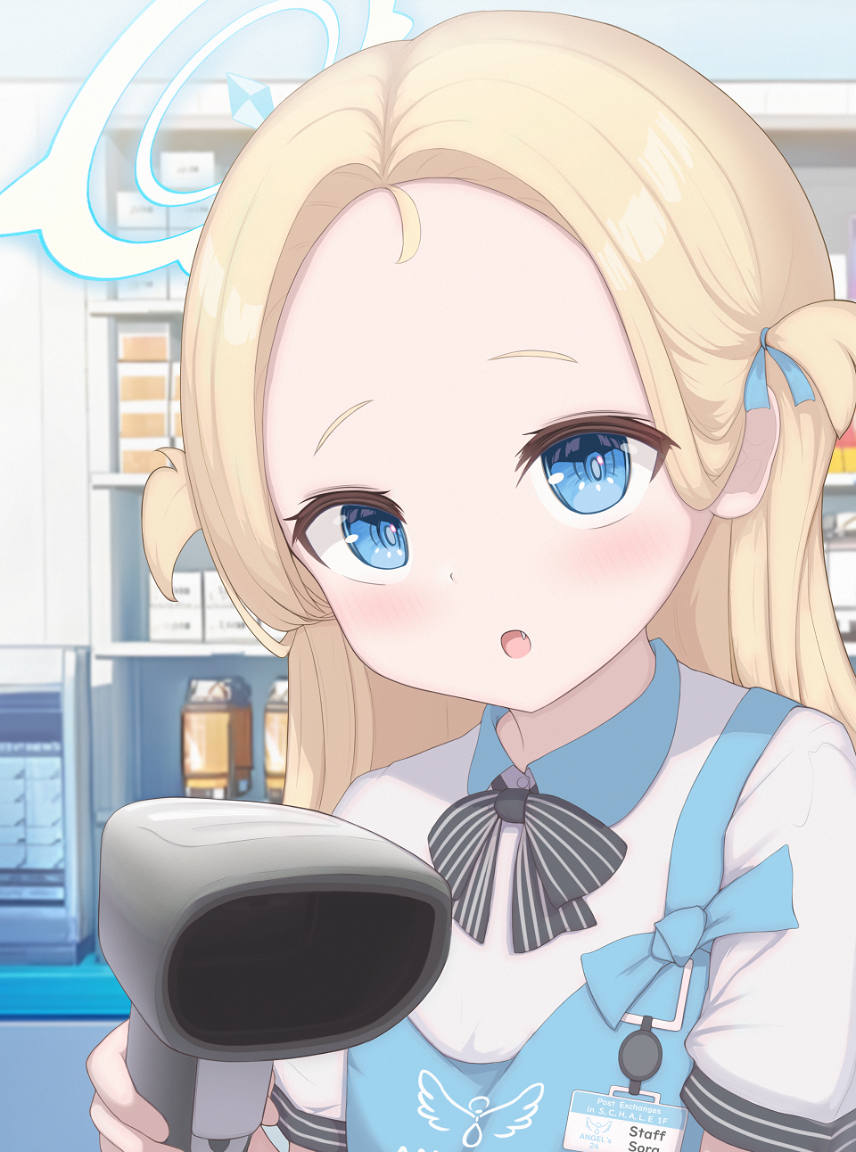 1girl, :o, apron, barcode_scanner, blonde_hair, blue_apron, blue_archive, blue_eyes, blue_ribbon, collared_shirt, convenience_store, fang, forehead, haine_(artist), hair_ribbon, halo, highres, indoors, light_blush, long_hair, looking_at_viewer, name_tag, open_mouth, parted_bangs, ribbon, romaji_commentary, shirt, shop, solo, sora_(blue_archive), two_side_up, upper_body, white_shirt