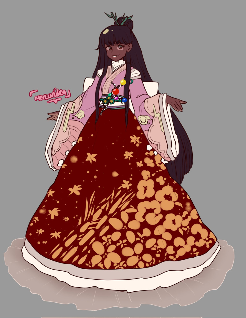 1girl, alternate_skin_color, artist_name, black_hair, branch, brown_eyes, commentary, commission