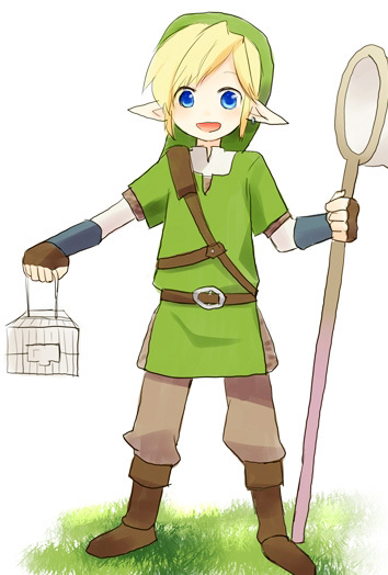 blonde_hair, blue_eyes, butterfly_net, gloves, hand_net, hat, link, male, net, nintendo, pikori, pointy_ears, skyward_sword, smile, solo, standing, the_legend_of_zelda
