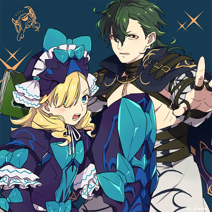 1boy, 1girl, armor, blonde_hair, blue_eyes, book, fire_emblem, fire_emblem_engage
