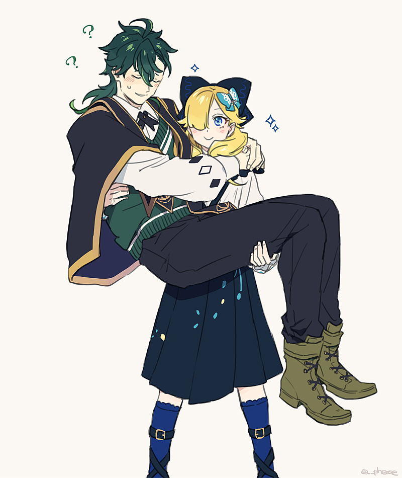 1boy, 1girl, blonde_hair, blue_eyes, boots, butterfly_hair_ornament, carrying, closed_eyes