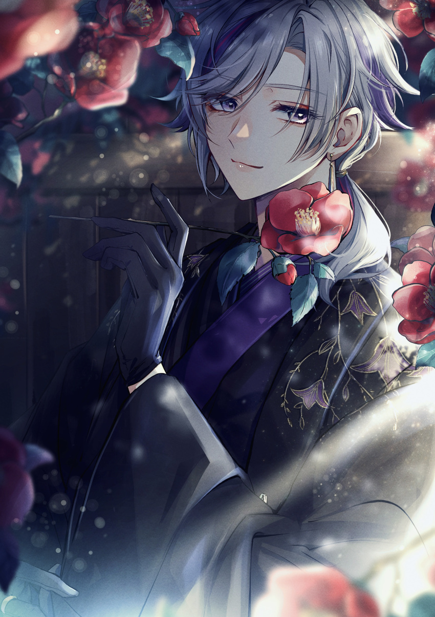 1boy, absurdres, bishounen, black_gloves, black_jacket, camellia, eyeshadow, flower