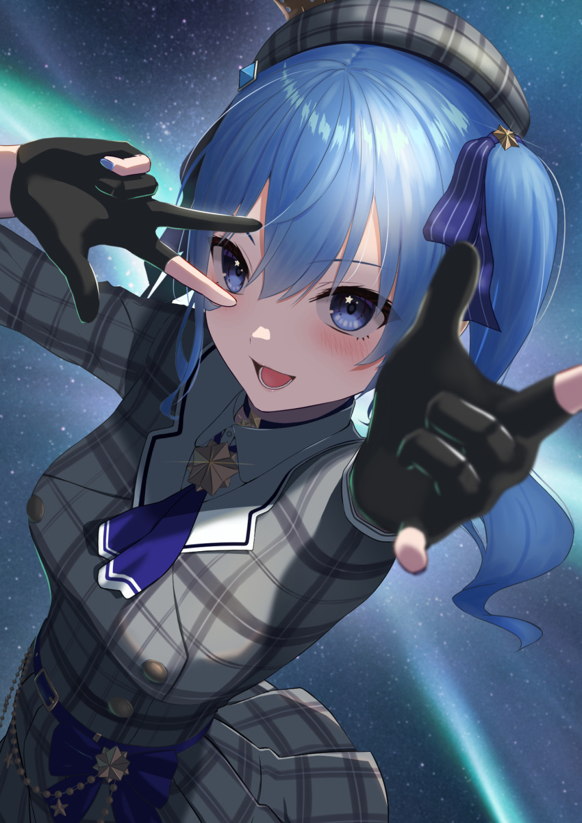 1girl, :d, arm_up, ascot, aurora, beret, black_gloves, blue_ascot