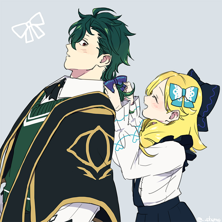 1boy, 1girl, blonde_hair, blush, closed_eyes, fire_emblem, fire_emblem_engage, green_hair, gregory_(fire_emblem), guttary, hair_between_eyes, hair_over_one_eye, hair_ribbon, long_sleeves, looking_at_another, madeline_(fire_emblem), red_eyes, ribbon, short_hair, skirt, wavy_hair