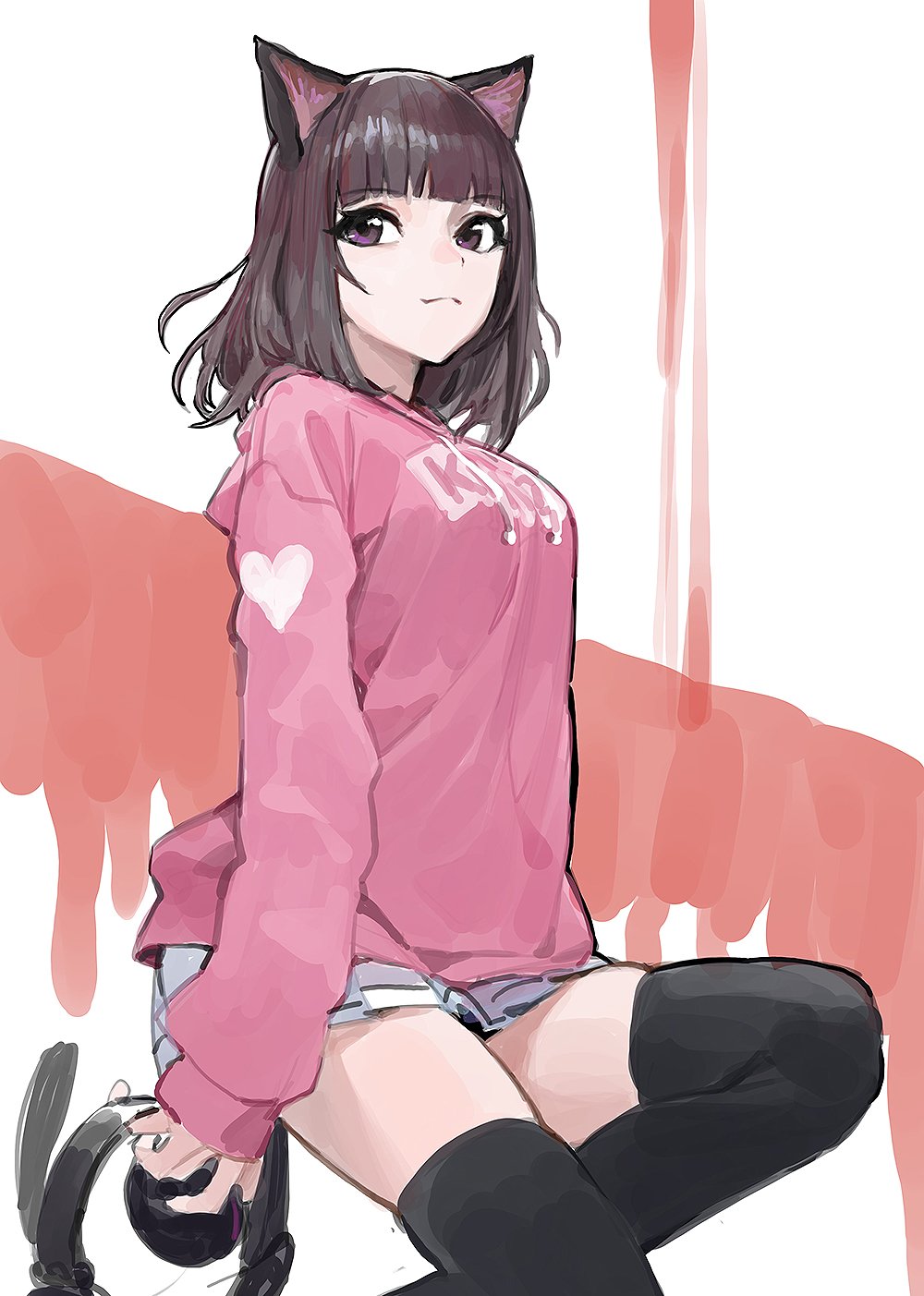 1girl, :3, animal_ears, black_hair, black_skirt, black_thighhighs, blunt_bangs, cat_ears