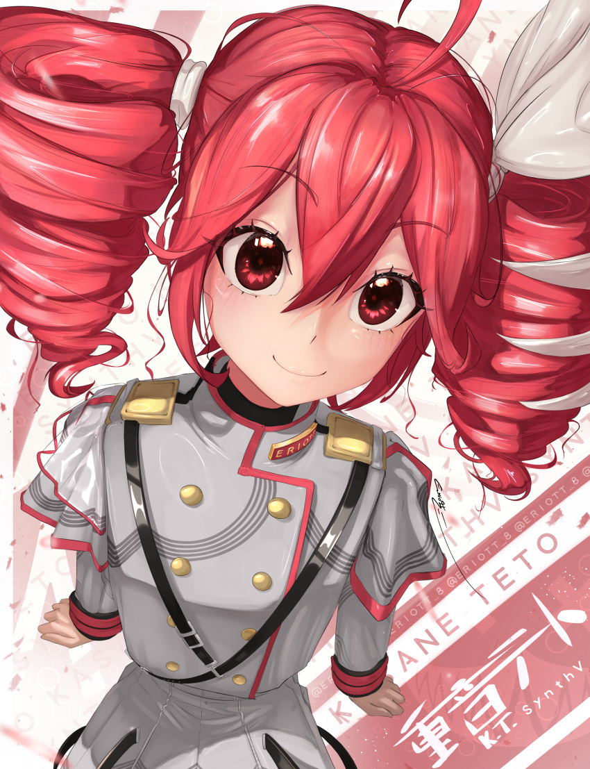 1girl, absurdres, ahoge, bow, closed_mouth, drill_hair, eriott, grey_jacket