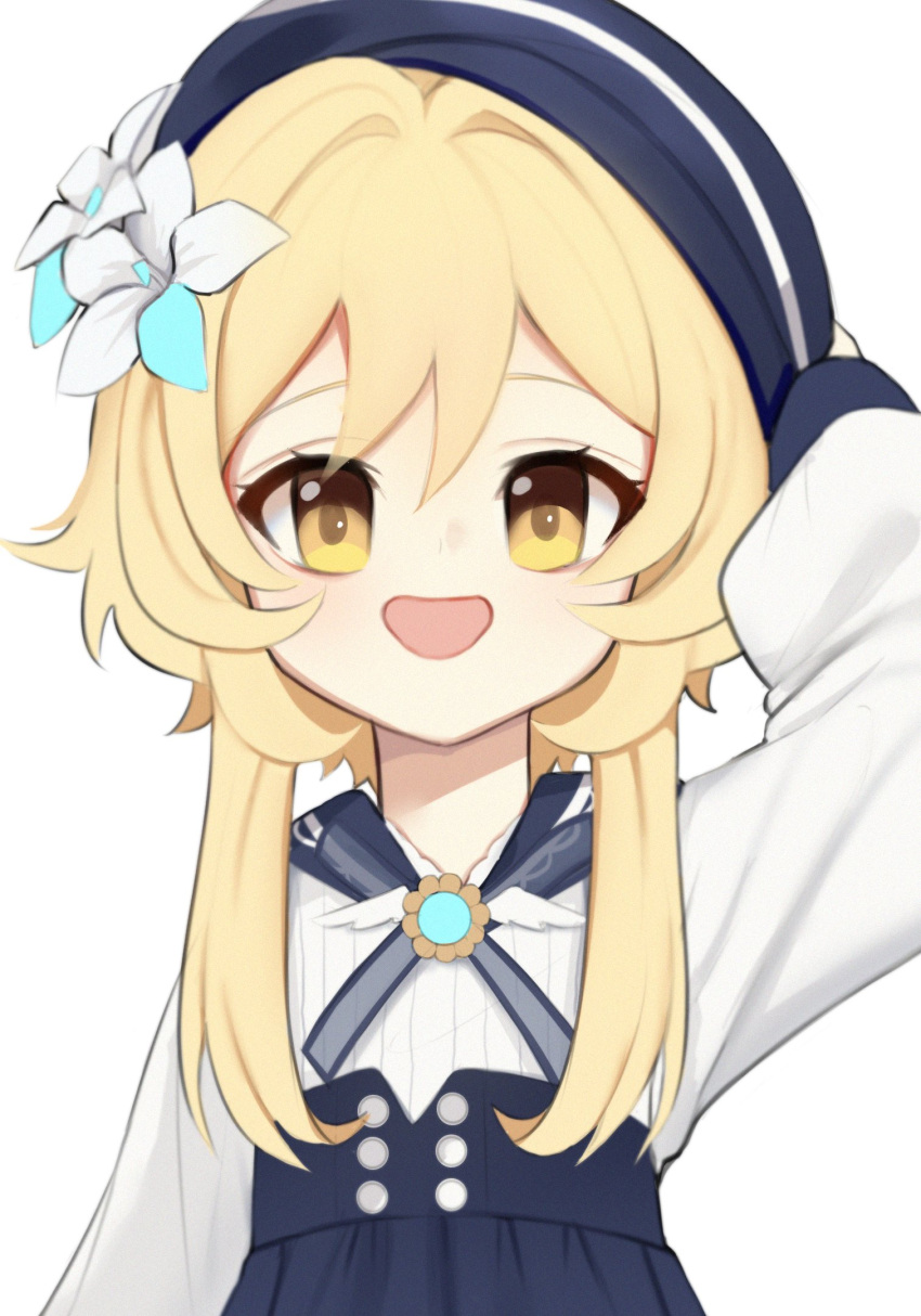 1girl, aged_down, alternate_costume, arm_up, beret, blonde_hair, blue_gemstone, blue_headwear