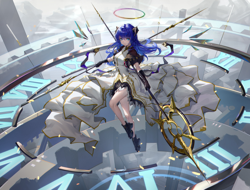 1girl, absurdres, ankle_boots, arknights, black_footwear, blue_eyes, blue_hair, boots, breasts, clock_face, commentary_request, demon_horns, dress, energy_wings, fallen_angel, frown, halo, highres, holding, holding_staff, horns, laomotou, large_breasts, layered_dress, long_hair, looking_at_viewer, mixed-language_commentary, mostima_(arknights), mostima_(spellbreaker)_(arknights), official_alternate_costume, outdoors, rainbow_halo, sky, solo, staff, white_dress, white_sky, wings
