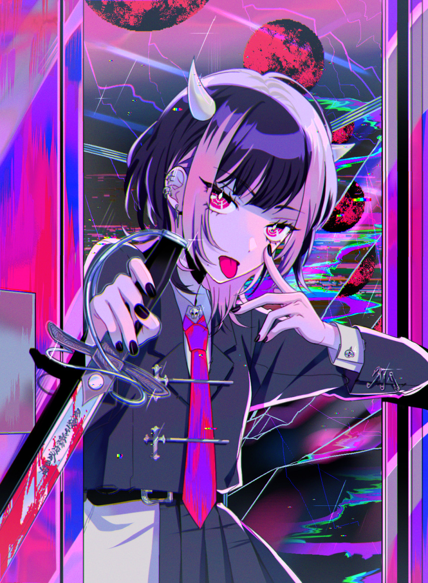 1girl, akanbe, black_nails, blood, blood_on_knife, collared_shirt, finger_to_eye, glint