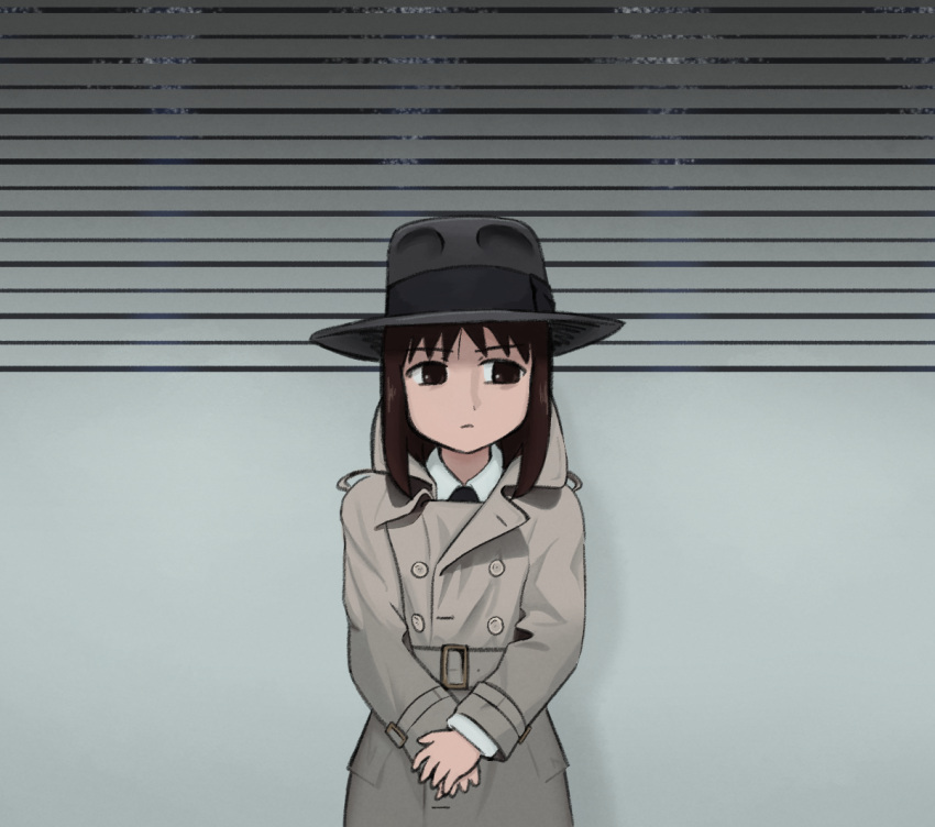 1girl, averting_eyes, azumanga_daioh, belt, belt_buckle, black_headwear, black_necktie, brown_belt