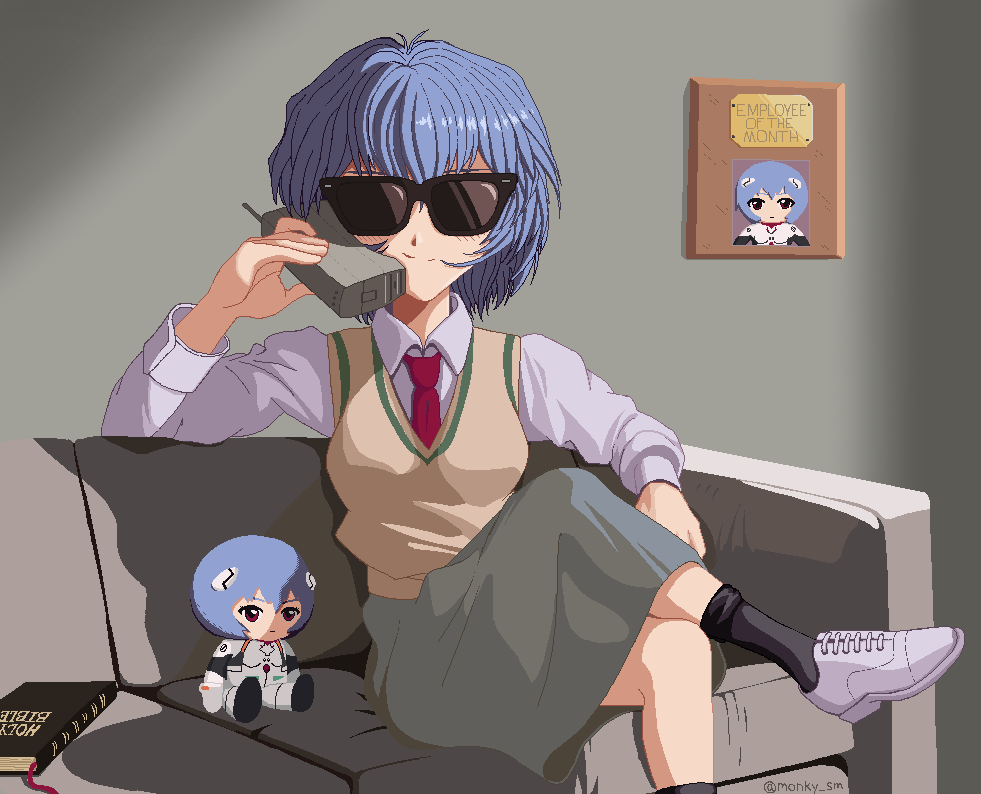 1girl, american_psycho, armrest, artist_name, ayanami_rei, bible_(object), black_socks, blue_hair