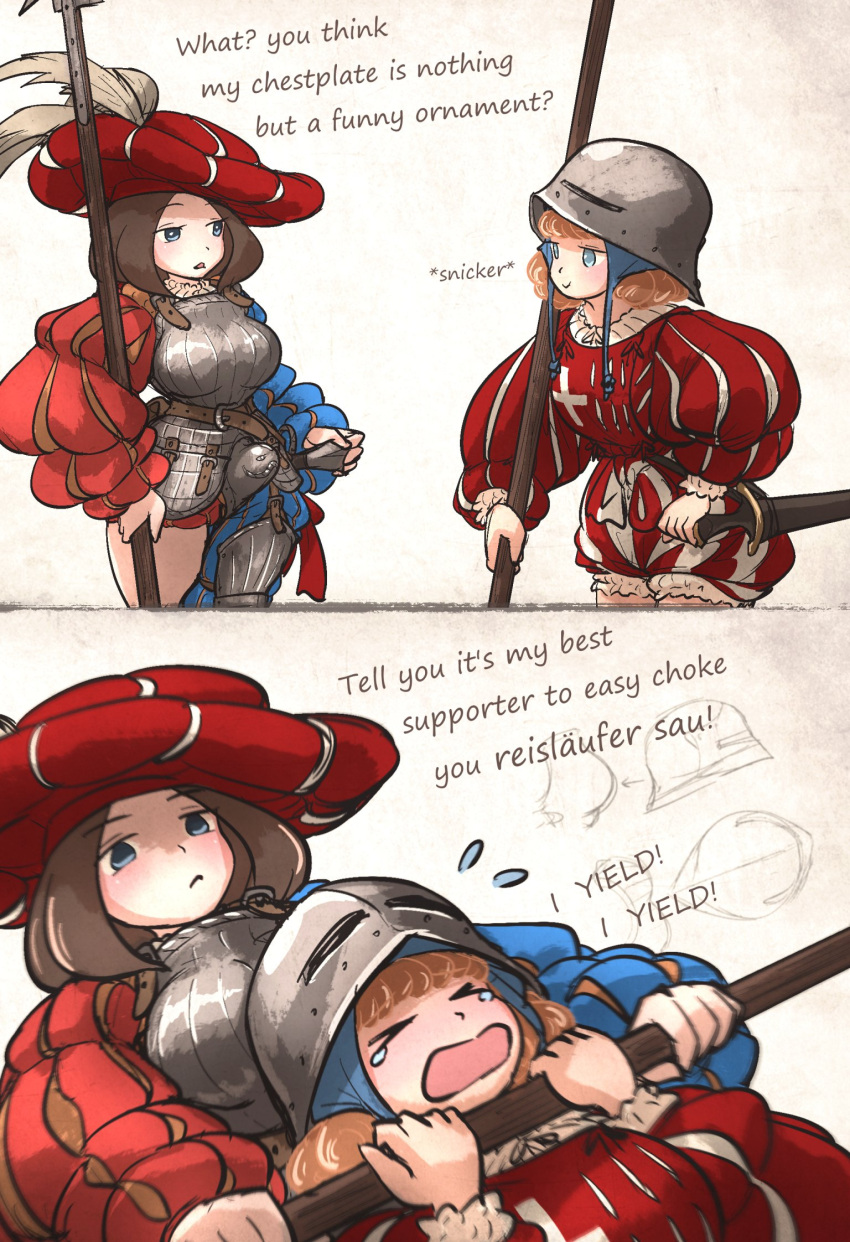 >_<, 2girls, armor, blonde_hair, blue_eyes, boobplate, breastplate, brown_hair
