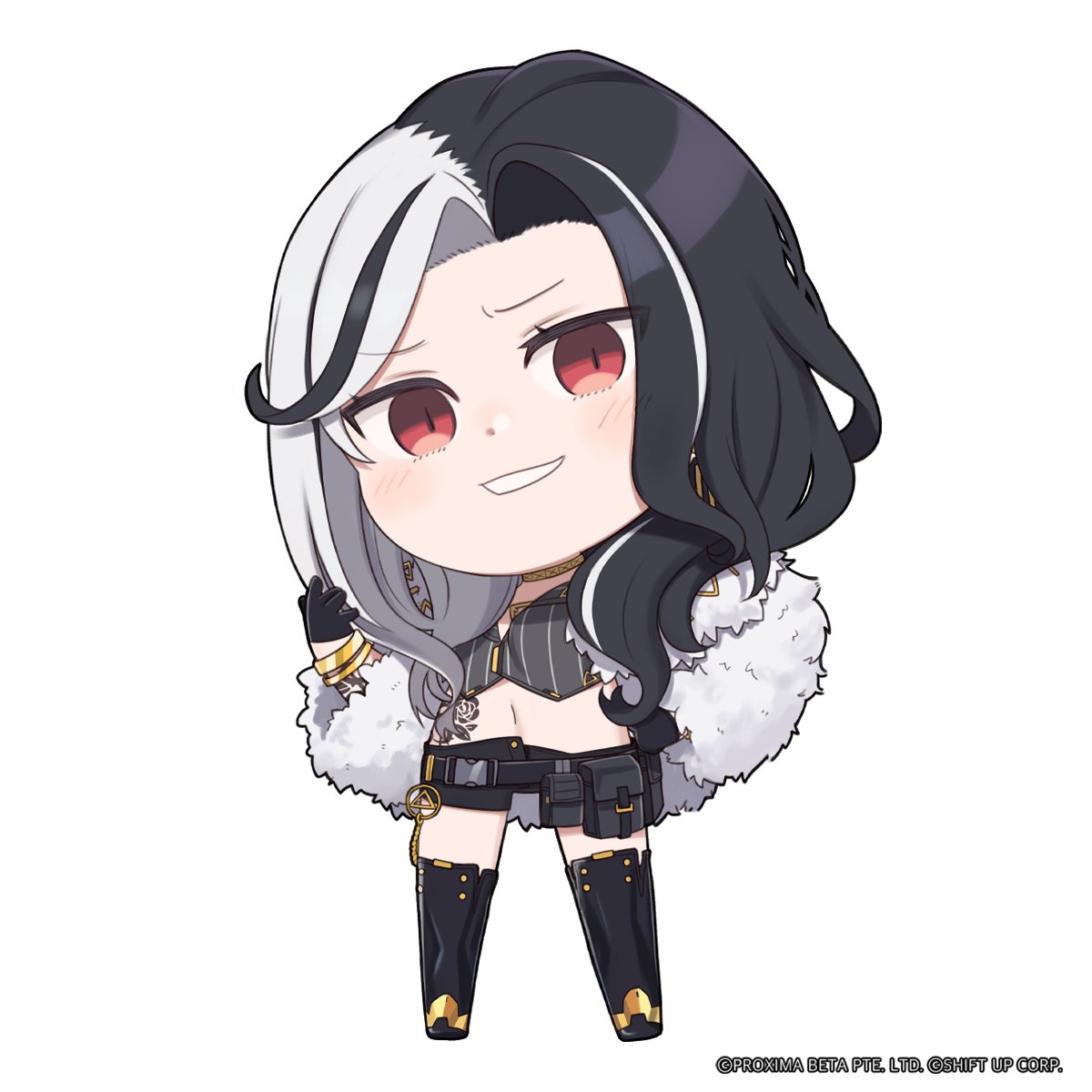 1girl, belt, belt_pouch, black_belt, black_footwear, black_gloves, black_hair, black_shorts, boots, bracelet, chibi, fur_coat, gloves, goddess_of_victory:_nikke, grey_hair, grin, highres, jewelry, long_hair, looking_at_viewer, multicolored_hair, navel, official_art, pouch, red_eyes, rosanna_(nikke), short_shorts, shorts, smile, solo, split-color_hair, standing, tattoo, thigh_boots, thighs, totatokeke