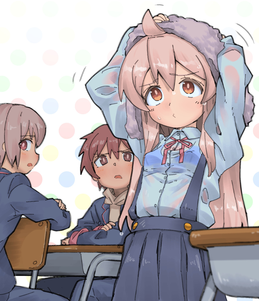 1girl, 2boys, blush, bra, bra_visible_through_clothes, brown_eyes, brown_hair, chair