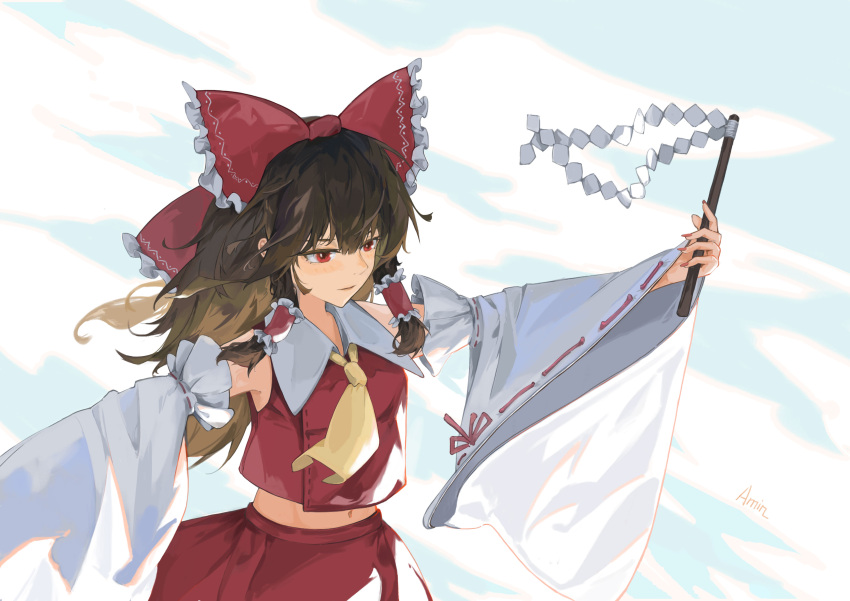 1girl, absurdres, amin_(hdwe2747), arms_up, ascot, bow, breasts, brown_hair, detached_sleeves, expressionless, frills, hair_between_eyes, hair_bow, hair_tubes, hakurei_reimu, highres, holding, holding_stick, long_hair, long_sleeves, midriff, nail_polish, navel, nose, outstretched_arms, parted_lips, red_eyes, red_nails, red_skirt, red_vest, sidelocks, simple_background, skirt, skirt_set, small_breasts, solo, stick, touhou, upper_body, very_long_hair, vest, white_background, wide_sleeves, wing_collar, yellow_ascot