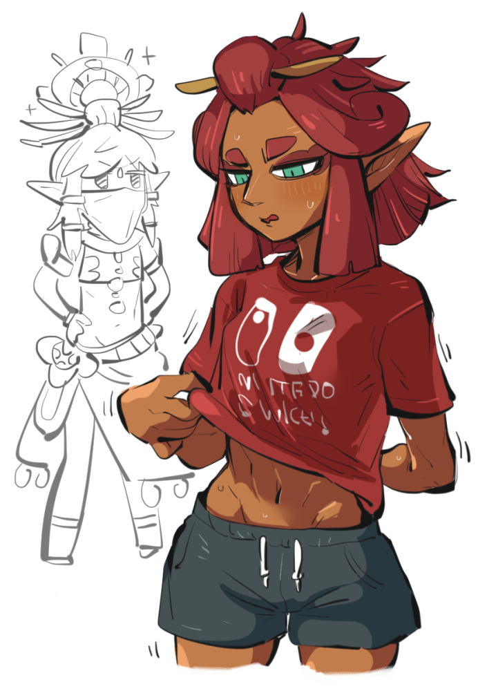 1boy, 1girl, abs, armor, bare_shoulders, blunt_ends, breasts, cosplay, costume_switch, crop_top, crossdressing, dark-skinned_female, dark_skin, eyeshadow, gerudo, green_eyes, grey_shorts, half-closed_eyes, hands_on_own_hips, headpiece, jitome, light_blush, link, makeup, midriff_peek, navel, nintendo_switch_shirt, pauldrons, pointy_ears, red_shirt, redhead, riju, shirt, short_sleeves, shorts, shoulder_armor, sketch, skirt_cutout, small_breasts, sweat, sweatdrop, the_legend_of_zelda, the_legend_of_zelda:_tears_of_the_kingdom, thick_eyebrows, tirarizun, unamused