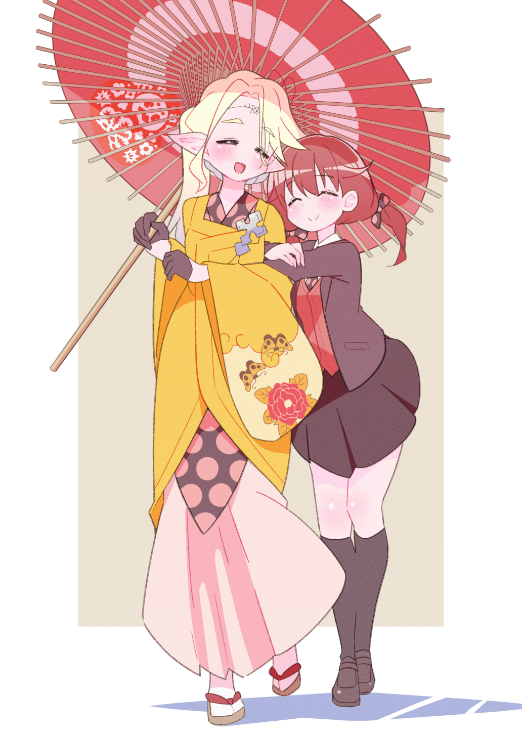 2girls, aly_(eshikidori), arm_hug, blazer, blonde_hair, blush, closed_eyes, edomae_elf