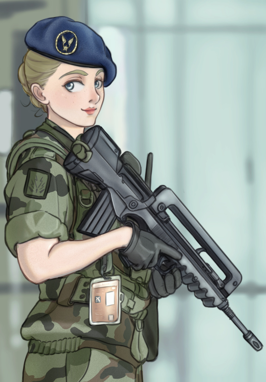 1girl, assault_rifle, belt, beret, black_gloves, blue_eyes, blue_headwear, blurry