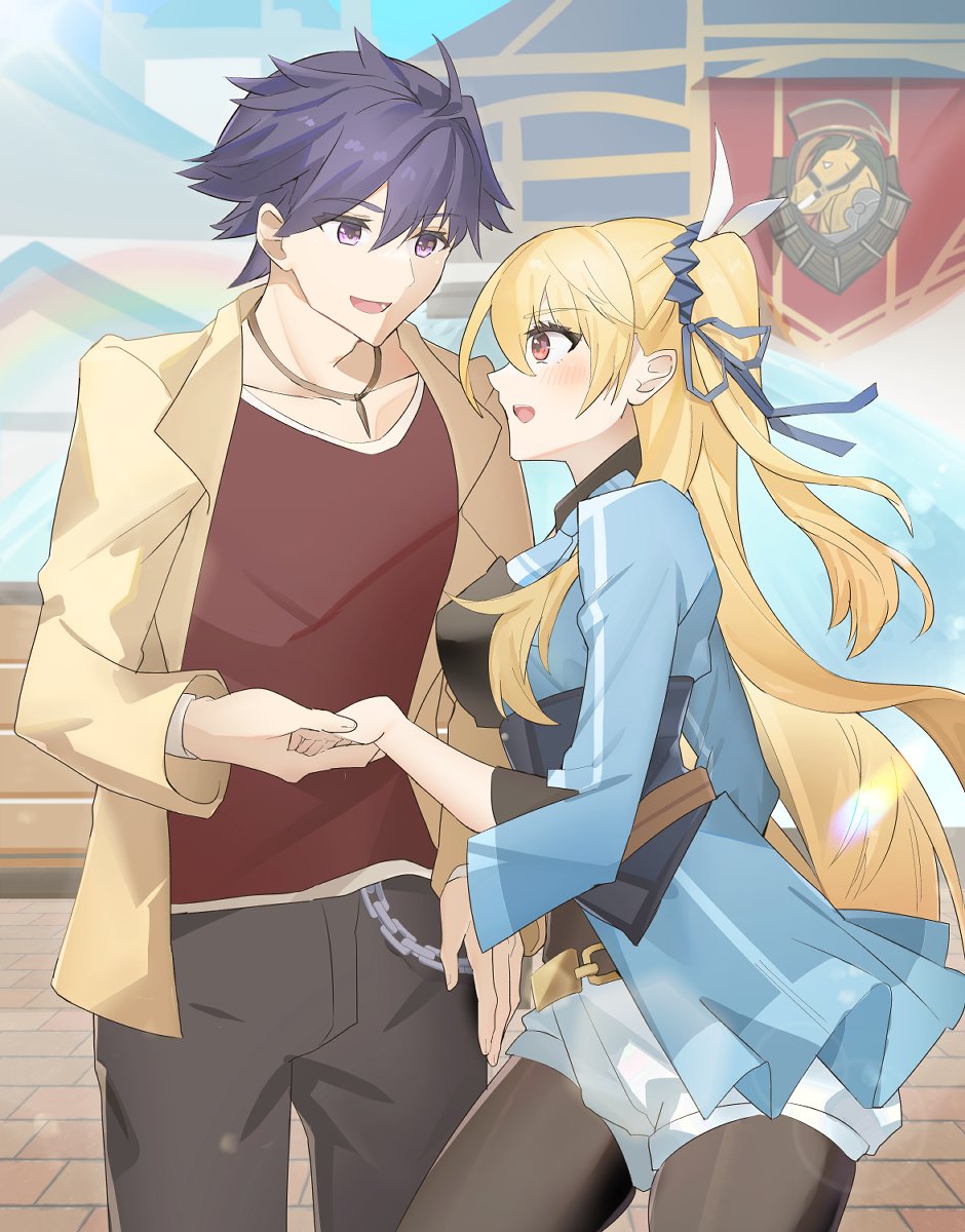 1boy, 1girl, alisa_reinford, arkchsky, blonde_hair, coat, denim, eiyuu_densetsu
