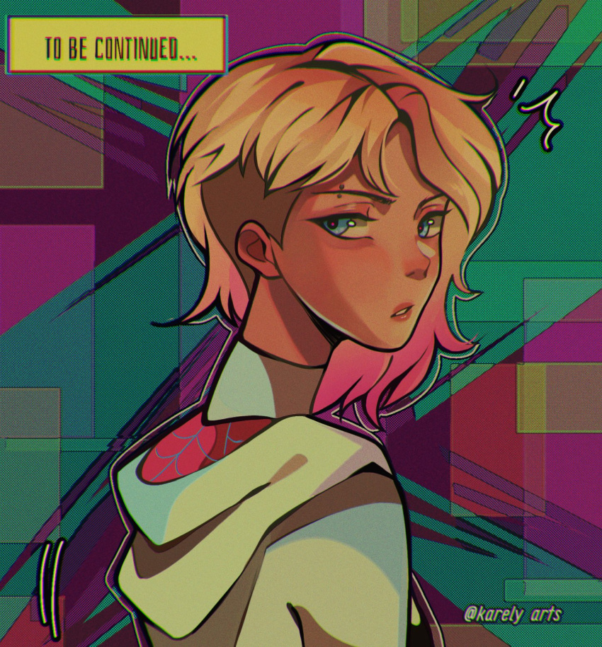 1girl, blonde_hair, blue_eyes, colored_tips, eyebrow_piercing, gradient_hair, gwen_stacy, highres, hood, hood_down, karely_arts, marvel, multicolored_hair, piercing, sidecut, solo, spider-gwen, spider-man:_across_the_spider-verse, spider-man:_into_the_spider-verse, spider-man_(series), spider_web_print, to_be_continued, twitter_username