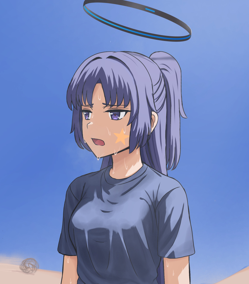 1girl, :o, absurdres, black_hair, black_shirt, blue_archive, blue_sky, blurry, commentary, depth_of_field, desert, durian12, english_commentary, facial_tattoo, facing_away, gym_shirt, half_updo, halo, highres, horizon, hot, long_hair, official_alternate_costume, official_alternate_hairstyle, outdoors, parted_bangs, ponytail, shirt, short_sleeves, sidelocks, sky, solo, star_tattoo, sweat, sweating_profusely, tattoo, violet_eyes, wet, wet_clothes, wet_shirt, yuuka_(blue_archive), yuuka_(track)_(blue_archive)