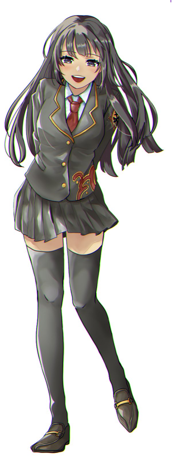 1girl, arms_behind_back, black_eyes, black_hair, black_skirt, black_thighhighs, blush, chromatic_aberration, collared_shirt, commentary, full_body, highres, loafers, long_hair, necktie, open_mouth, pleated_skirt, protagonist_2_(housamo), red_necktie, school_uniform, shirt, shoes, sidelocks, simple_background, skirt, smile, solo, standing, tass_commuovere, teeth, thigh-highs, tokyo_afterschool_summoners, upper_teeth_only, white_background, white_shirt, zettai_ryouiki