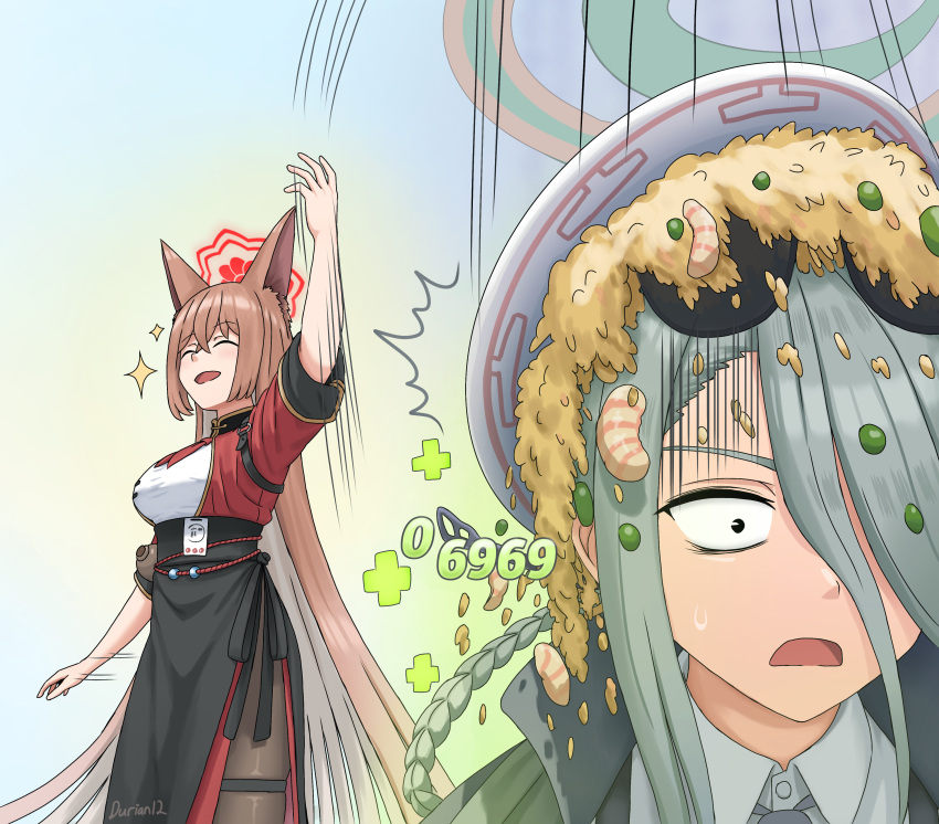 2girls, :d, ^_^, absurdres, animal_ear_fluff, animal_ears, arm_up, black_eyes