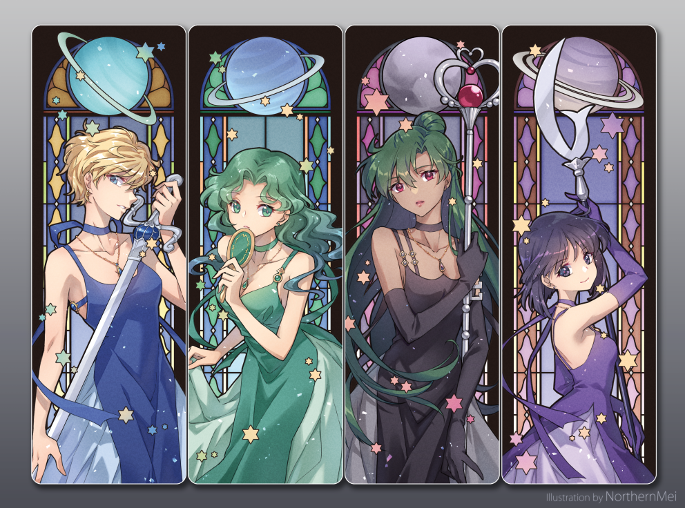 4girls, aqua_eyes, aqua_hair, bishoujo_senshi_sailor_moon, black_choker, black_dress, black_gloves, black_hair