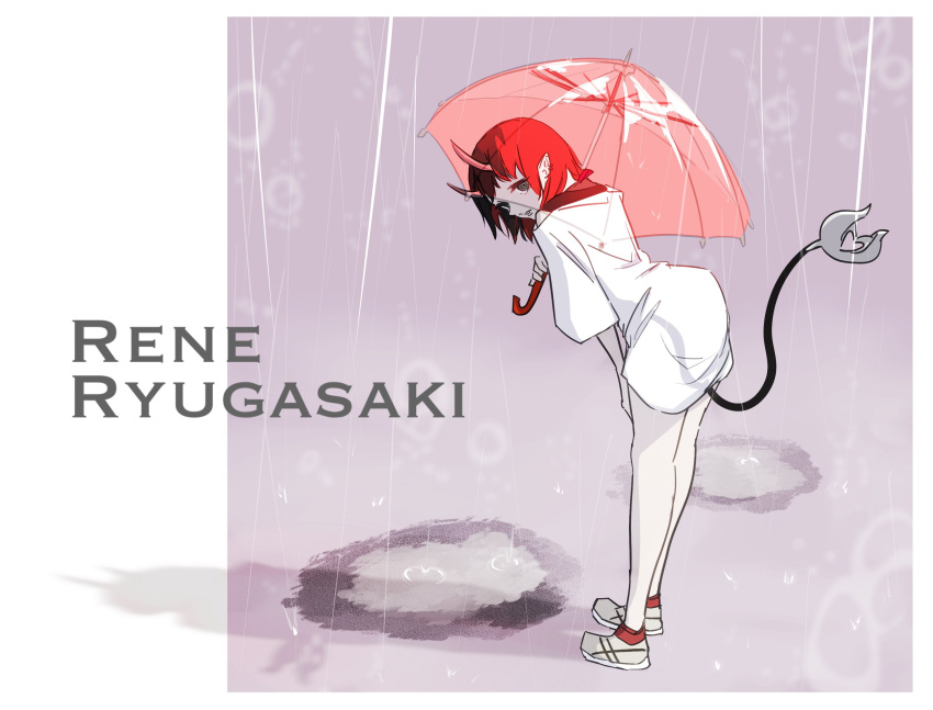 1girl, alternate_costume, black_hair, character_name, commentary_request, demon_girl, demon_horns, demon_tail, from_behind, full_body, grey_footwear, highres, hironoshin_110, holding, holding_umbrella, horns, leaning_forward, long_shirt, looking_at_viewer, looking_back, medium_bangs, multicolored_hair, nanashi_inc., parted_lips, pink_umbrella, pointy_ears, rain, redhead, ryugasaki_rene, shirt, shoes, short_hair, short_sleeves, solo, standing, tail, transparent, transparent_umbrella, two-tone_hair, umbrella, virtual_youtuber, water, white_shirt