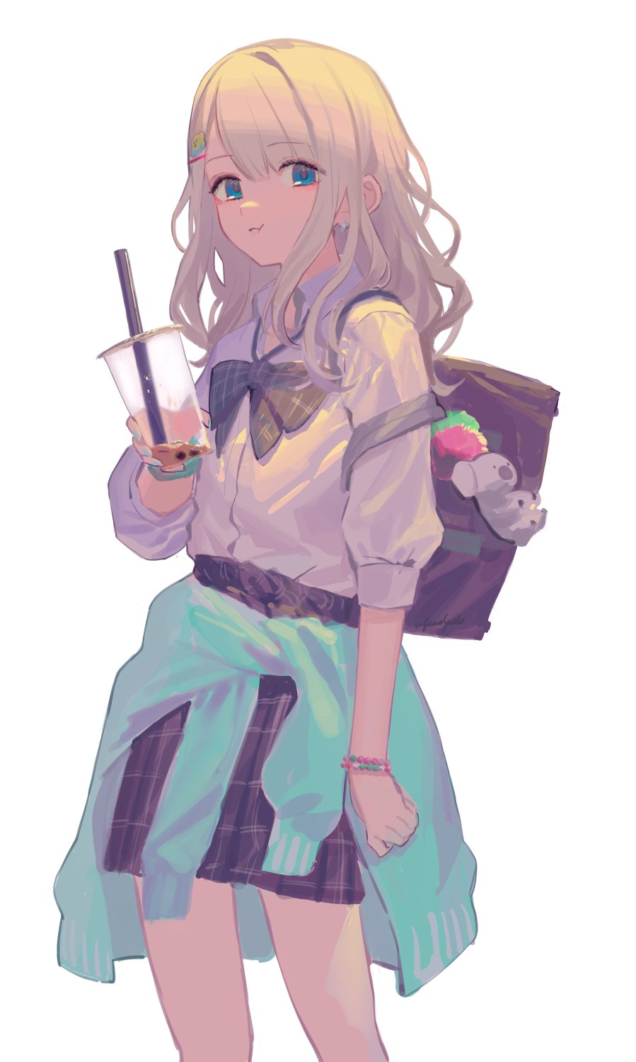 1girl, bag, bead_bracelet, beads, black_bow, black_bowtie, blue_eyes, blue_nails