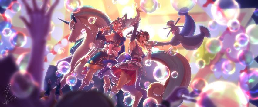 2girls, :d, arm_up, armpits, bird, blue_kimono, bubble, commentary