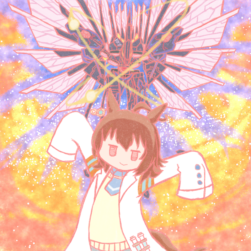 1girl, agnes_tachyon_(umamusume), ahoge, animal_ears, arms_up, blue_necktie, brown_eyes, brown_hair, commentary_request, commission, crossover, duel_monster, earrings, head_tilt, horse_ears, horse_girl, jewelry, jitome, kurotora03, lab_coat, long_sleeves, looking_at_viewer, medium_hair, medium_request, messy_hair, name_connection, necktie, number_107_galaxy-eyes_tachyon_dragon, open_labcoat, short_necktie, single_earring, skeb_commission, sleeves_past_fingers, sleeves_past_wrists, starry_background, sweater, test_tube, umamusume, upper_body, yellow_sweater, yu-gi-oh!, yu-gi-oh!_zexal