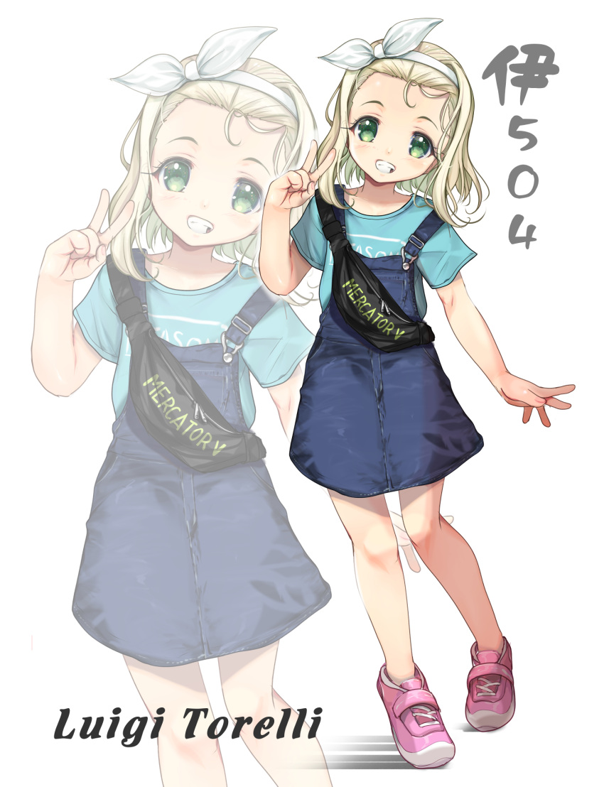 1girl, belt_bag, blonde_hair, blue_dress, blue_shirt, character_name, dress, forehead