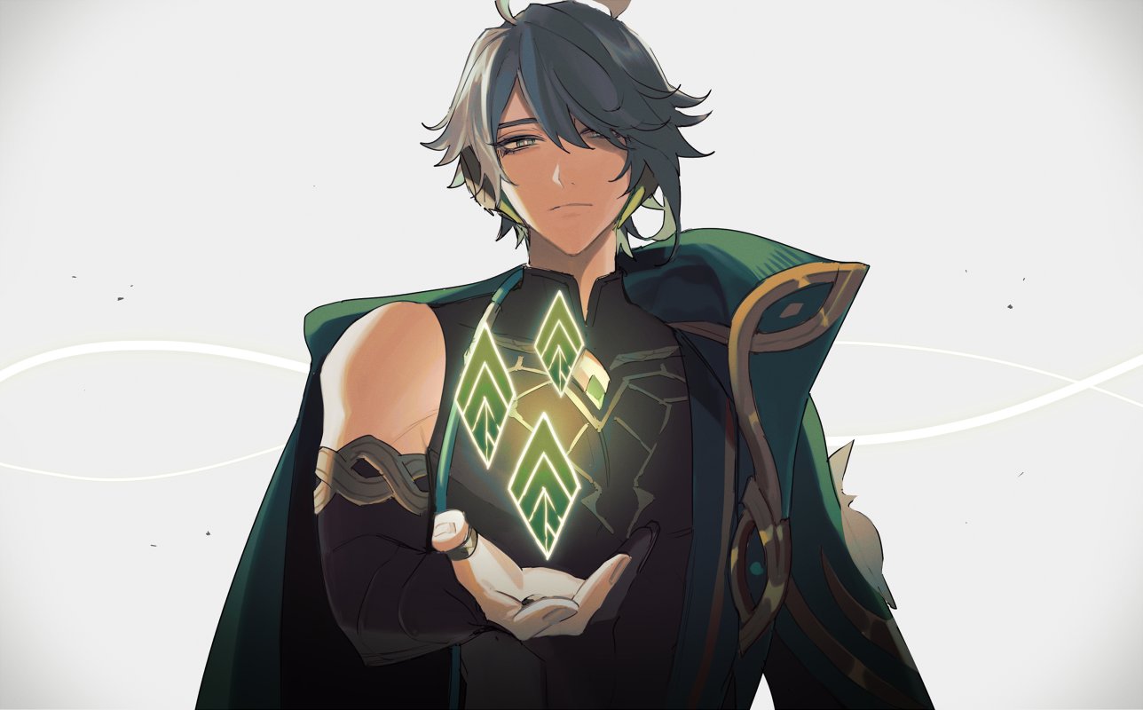 1boy, ahoge, alhaitham_(genshin_impact), bare_shoulders, black_gloves, black_shirt, cape, closed_mouth