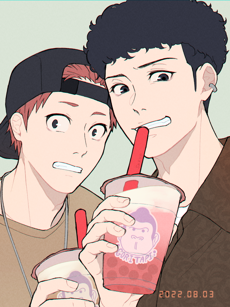 2boys, backwards_hat, black_eyes, black_hair, brown_shirt, bubble_tea, cup, dated