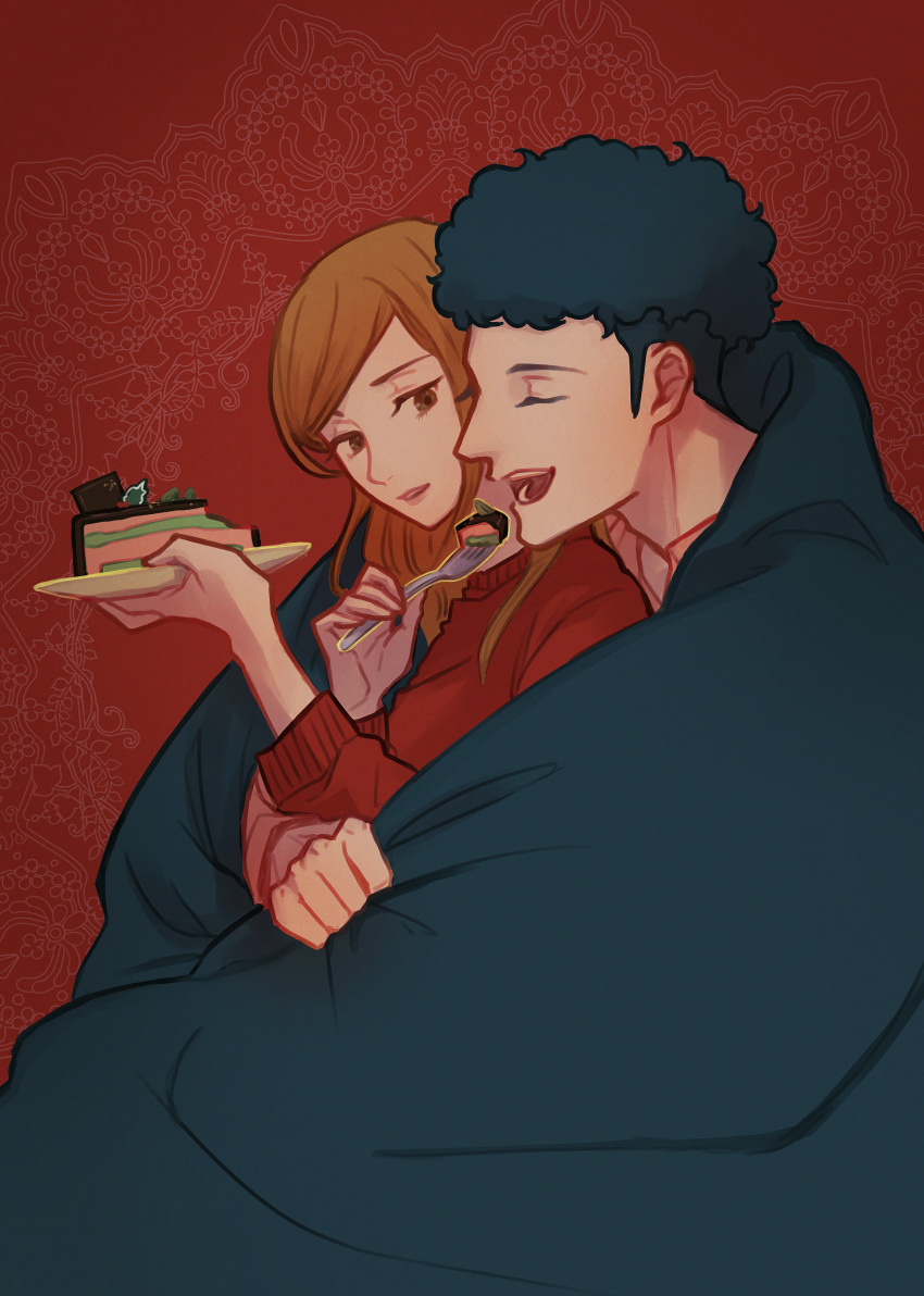 1boy, 1girl, absurdres, afro, black_hair, brown_hair, cake, cake_slice