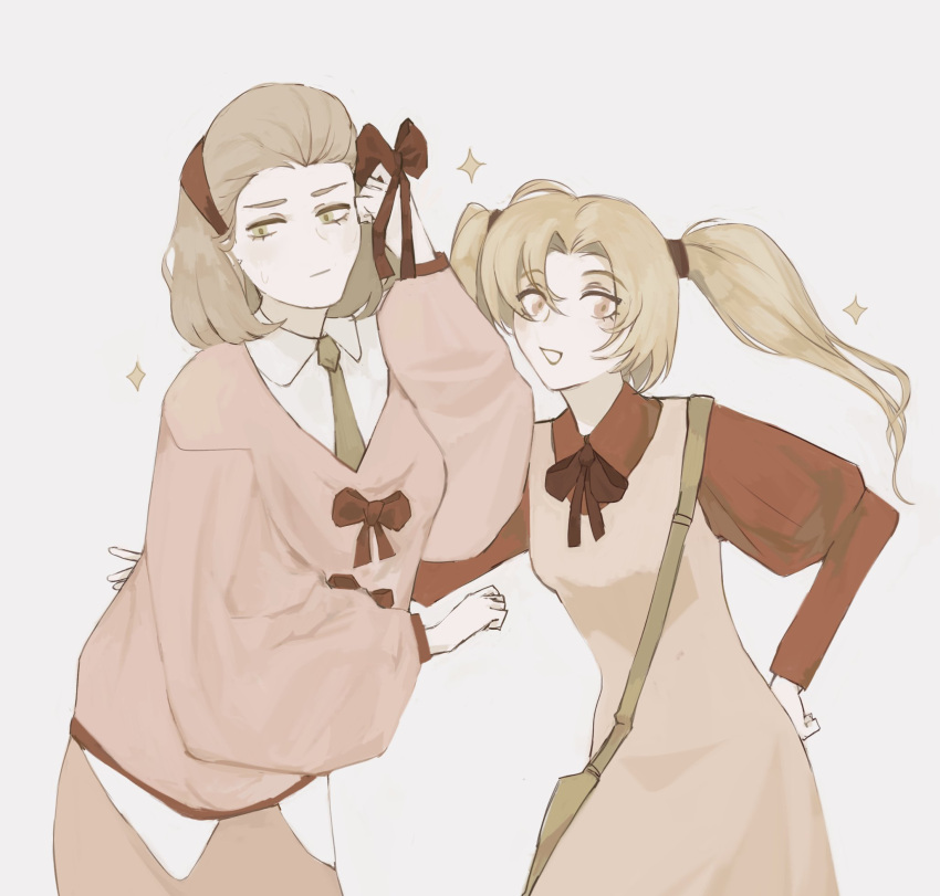 2boys, bag, biscuit_krueger, blonde_hair, bow, cowboy_shot, dress, frau_butterfly