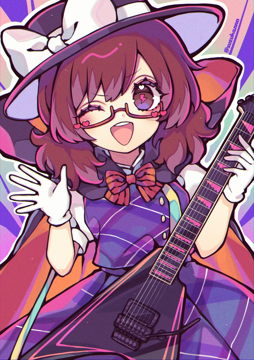 1girl, blue_background, blush, bow, bowtie, breasts, brown_eyes, brown_hair, buttons, cloak, clowk, collared_shirt, glasses, gloves, gradient_background, guitar, hair_between_eyes, hands_up, hat, hat_bow, heart, highres, holding, holding_instrument, instrument, kyouda_suzuka, lightning_bolt-shaped_pupils, looking_at_viewer, medium_breasts, multicolored_background, multicolored_hair, one_eye_closed, open_mouth, orange_cloak, pink_background, pink_bow, pink_bowtie, pink_hair, plaid, plaid_skirt, plaid_vest, puffy_short_sleeves, puffy_sleeves, purple_background, purple_cloak, purple_headwear, purple_skirt, purple_vest, shirt, short_hair, short_sleeves, skirt, skirt_set, smile, solo, standing, striped, striped_background, striped_bow, striped_bowtie, symbol-shaped_pupils, teeth, tongue, touhou, twitter_username, two-tone_cloak, usami_sumireko, vest, white_bow, white_gloves, white_shirt